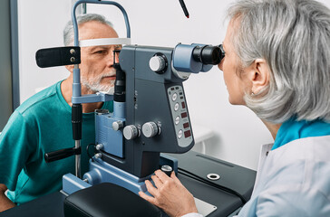 Experienced optometrist doing sight test for senior man at modern ophthalmology clinic. Eye exam...