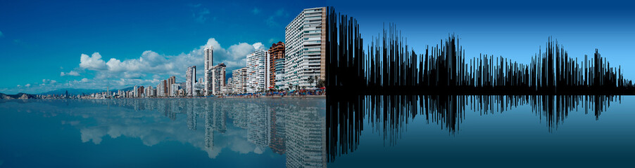 Transforming sea city with skyscrapers into sound waves patterns. Sound of noisy tourist city, concept