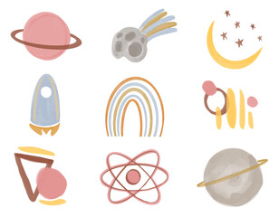 Vector Collection of space objects in boho style. Hand drawn watercolor set for nursery decor. Boho baby set.