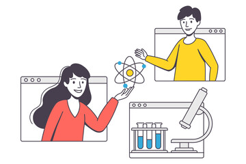 Online Learning with Man and Woman Student and Instructor Engaged in Virtual Classes Outline Vector Illustration