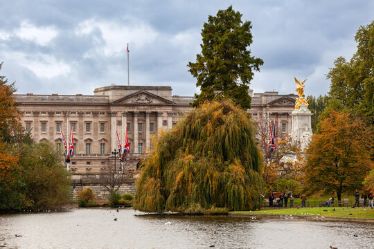 London, UK - Oct 29, 2012: Buckingham Palace and Victoria Memorial as seen from the St James's Park