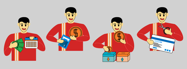 Fototapeta premium Financial or business profession set. Business character making financial operation. Economist, financier, broker, accountant, trader, ttax inspector, commercial direrctor. Vector illustration