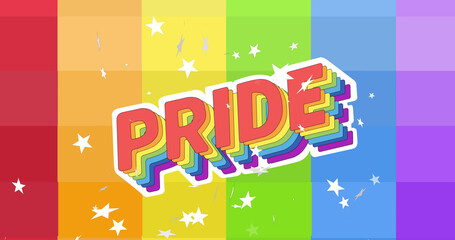 Image of pride text over rainbow