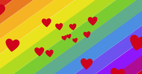 Image of falling hearts over rainbow and flags