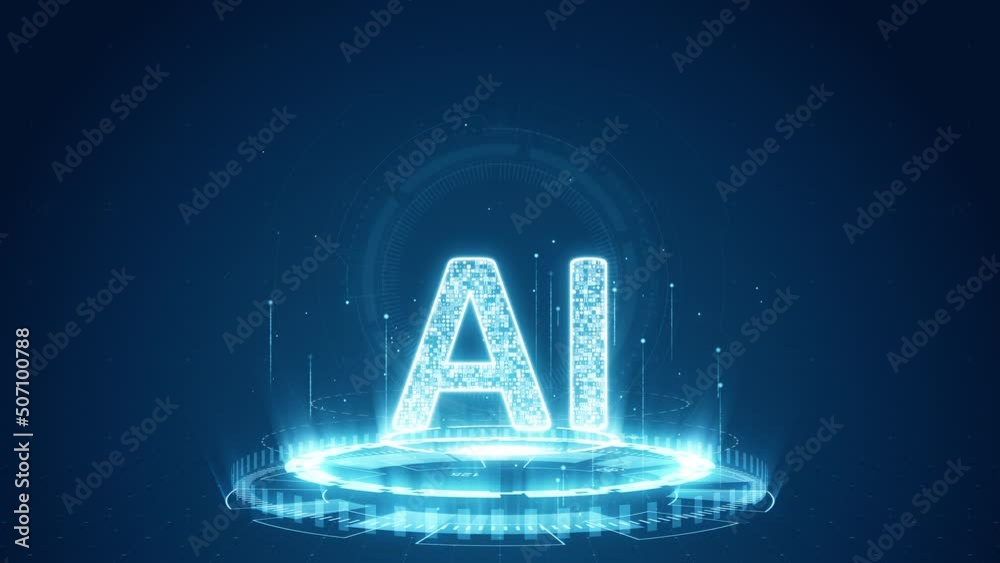 Wall mural motion graphic of blue digital ai logo with futuristic technology circle rotation and levitation par