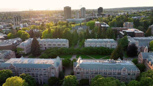 Sunset aerial of the University of Washington's campus with so many unique architectural designs.
