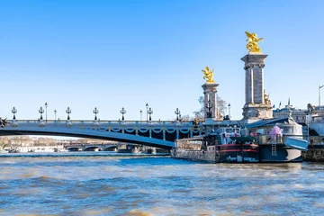 Papier Peint photo Pont Alexandre III     Paris, the Alexandre III bridge on the Seine, with houseboats on the river 