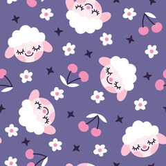 Vector seamless pattern with cute sheep, cherry berries and flowers. Spring repeated texture with cartoon characters. Childish print with lambs for kids fabric and wrapping paper. Scandinavian style.