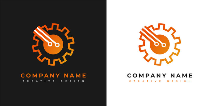 Modern Logo Fiber Optic Cable. Vector Design Template. Icon of the circuit board line with a gear. Sign used for technology, engineering, network. Electronics, motherboard, processor, computer