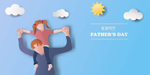 Happy Father's Day, Father with daughter, Paper cut style. Vector illustration, for cards, posters, background.