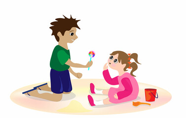 Children's day illustration. A little cute girl sits and cries, but a kind little boy brought her candy to comfort the little girl.