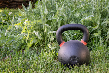 Naklejka na ściany i meble heavy iron kettlebell on green grass in a backyard - outdoor fitness concept
