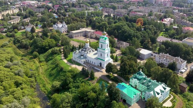 Orbit aerial shot of Troitsky cathedral (1674-1676) on sunny summer day. Vyazma, Smolensk Oblast, Russia.