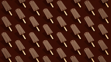 Trendy Summer pattern made with chocolate fudge fudgecicle popsicle ice cream on brown background. Minimal summer concept.