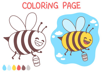 Bee coloring page cute doodle vector illustration