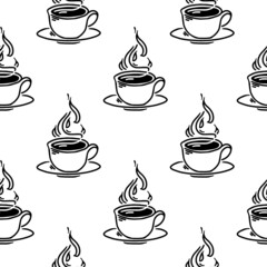 Vector seamless pattern with linear hand drawn cups of coffee or tea with steam. Simple monochrome background.