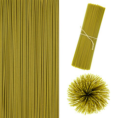 set of green uncooked spinach spaghetti isolated on white