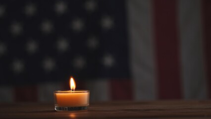 Obraz na płótnie Canvas Happy Memorial Day, Man hand lighting memorial candle on American USA flag dark background. Concept of 4th of July, Independence Day, Memorial Day, Veterans Day, Honor, Military, Patriot