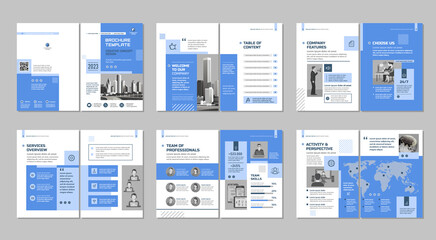 Fototapeta na wymiar Brochure creative design. Multipurpose universal template, include cover, back and inside pages. Trendy minimalist flat geometric design. Vertical a4 format.