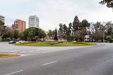 Fototapeta na wymiar Roundabout with a circular fountain in Malaga, Spain