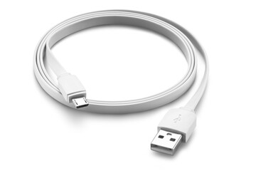 White flat micro USB cable, rolled up, isolated on white background