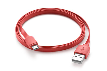 Red flat micro USB cable, rolled up, isolated on white background