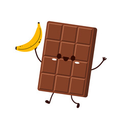 Cute and funny chocolate bar character. Chocolate mascot. Chocolate and Banana vector.