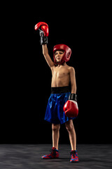 Little sportive boy, kid in boxer gloves and shorts posing isolated on dark background. Concept of...