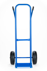 Blue 2-wheel trolley, with rubber wheels, on the white background