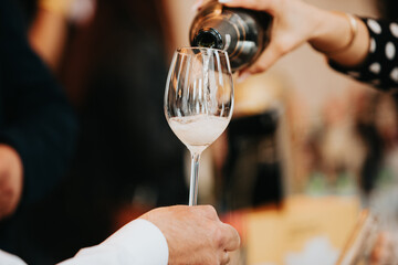 We celebrate success with a glass of white wine and champagne in hand at a special tasting with happy people.