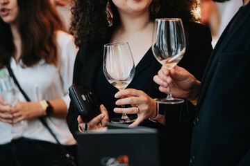 We celebrate success with a glass of rose wine in hand at a special tasting with happy people.