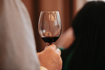 We celebrate success with a glass of red wine in hand at a special tasting with happy people.