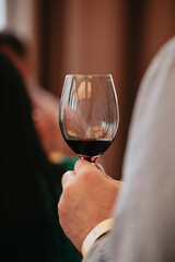 We celebrate success with a glass of red wine in hand at a special tasting with happy people.