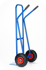 Blue 2-wheel trolley, with rubber wheels, on the white background