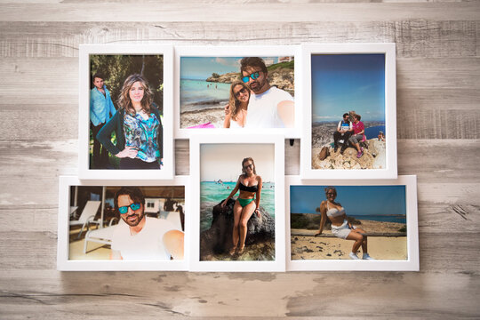 A frame of several photos of a couple in love on their summer vacations, by the beaches of Mallorca. with a gray wooden background.