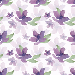 Seamless pattern with watercolor flowers and leaves. Design for wrapping paper, wallpaper, textile, backdrop and other. Delicate hand drawn botanical pattern.