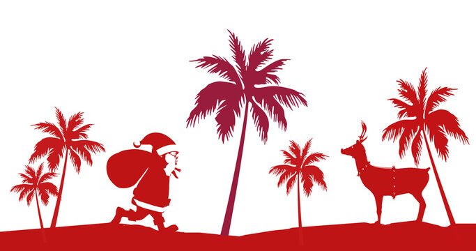 Image of red santa claus and reindeer with palm trees on white background