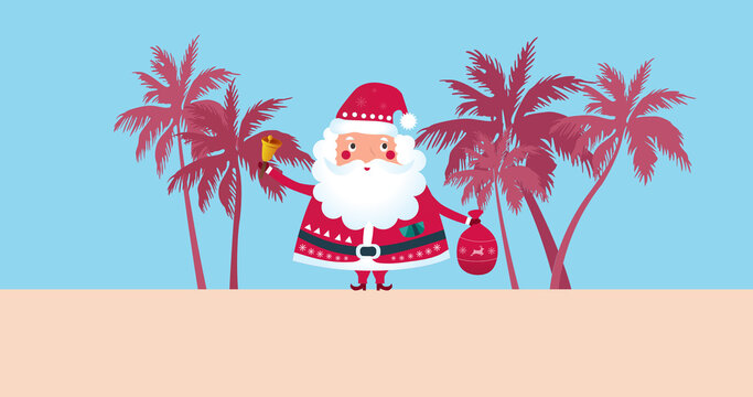 Image of santa claus with bell and present sack with palm trees on blue background