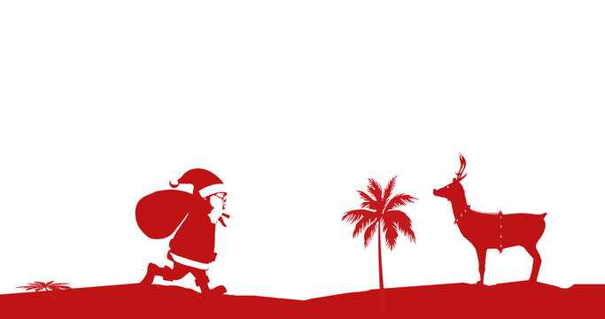 Image of red santa claus and reindeer with palm trees on white background