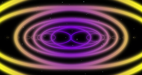Image of purple and yellow neon pattern moving in hypnotic motion on seamless loop