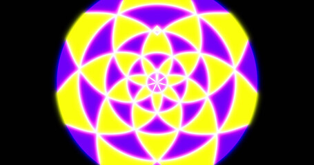 Image of purple and yellow neon pattern moving in hypnotic motion on seamless loop