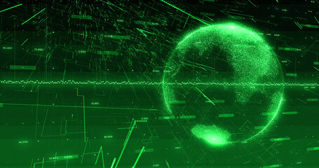 Image of green graphs and globe rotating on green and black background