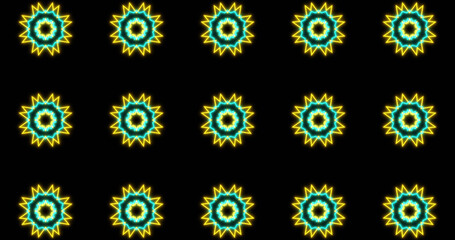 Image of kaleidoscope neon pattern moving in hypnotic motion on seamless loop