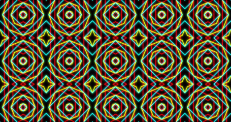 Image of kaleidoscope neon pattern moving in hypnotic motion on seamless loop