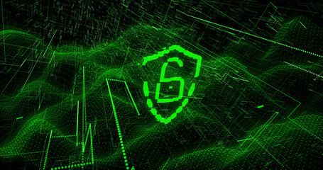 Naklejka premium Image of digital shield with padlock over black background with green lines