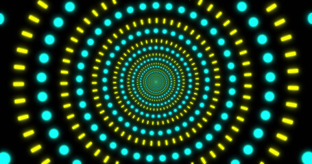 Image of blue and yellow circles neon pattern moving in hypnotic motion on seamless loop