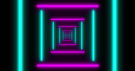 Image of purple and blue neon pattern moving in hypnotic motion on seamless loop