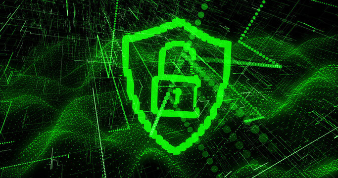 Image of digital shield with padlock over black background with green lines