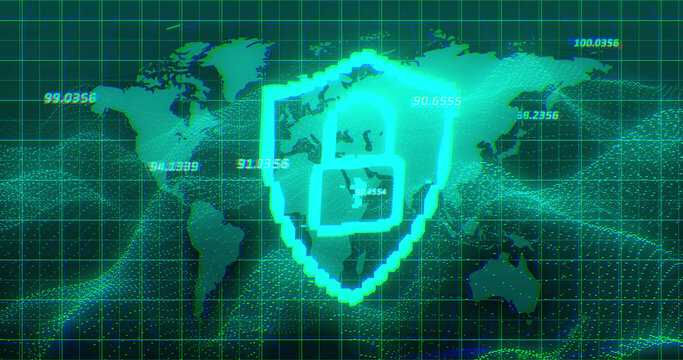 Image of digital shield with padlock over green background with world map