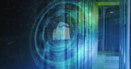 Image of 6g symbol on rotating safe lock over network of connections and server room